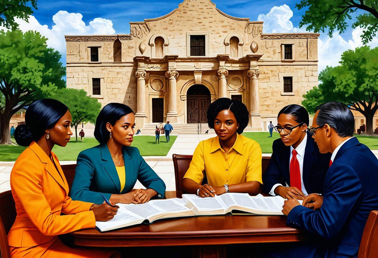 A detailed illustration of a diverse group of people discussing legal matters, surrounded by iconic Texas landmarks like the Alamo and the state capitol building. The individuals should represent various ethnicities and professions, symbolizing the comprehensive nature of legal support in Texas. A backdrop of legal books and scales of justice, emphasizing the theme of guidance and representation. super-realistic. vibrant colors. 3D.