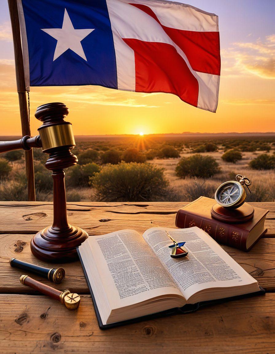 A Texas landscape featuring an open law book on a rustic wooden table, surrounded by a gavel and a compass, symbolizing guidance in legal representation. In the background, the Texas flag gently waving, representing local expertise. A soft sunset glow casts a warm light over the scene. super-realistic. vibrant colors. warm tone.